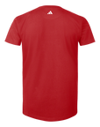 Red t-shirt with Adidas logo on the back against a white background