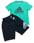 Red and green Adidas shorts and t-shirt set.