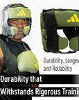 A man wearing a boxing helmet displays protective gear.