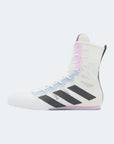 White Adidas boxing shoe with black stripes on a white background