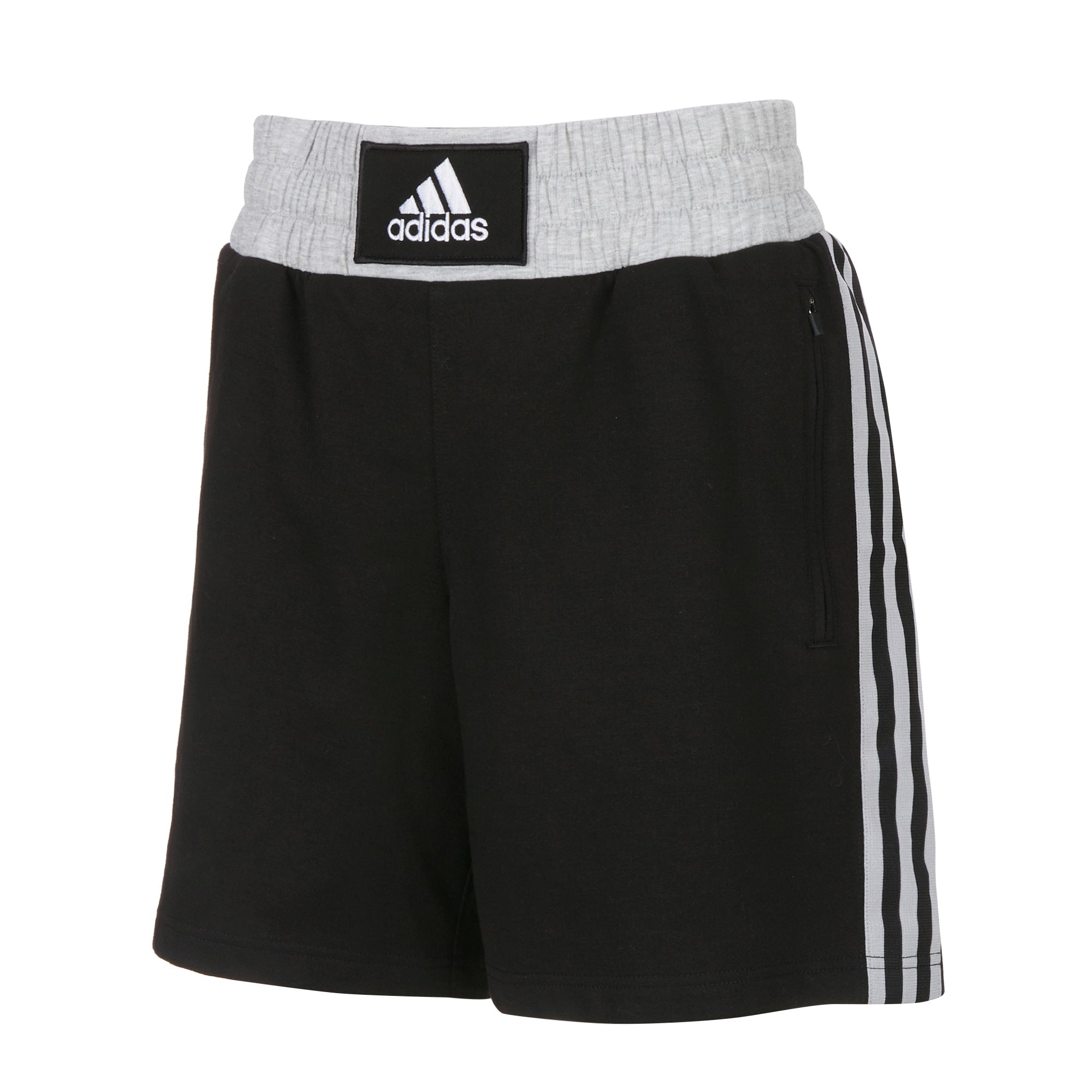Black and white adidas boxing shorts.