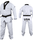 White karate uniform with black belt and black V-neck.
