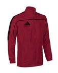 Red jacket with black stripes and Adidas logo on a white background