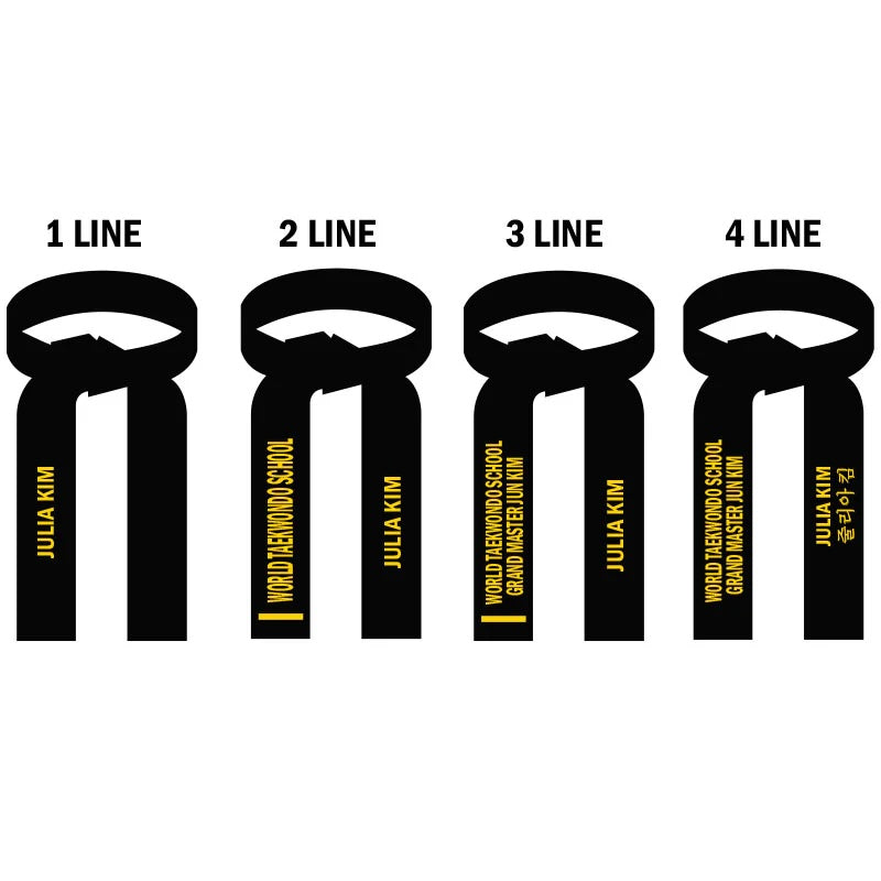 Set of black belts with varying text lengths on a white background