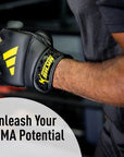 Close-up of a man's hand wearing Adidas boxing gloves.