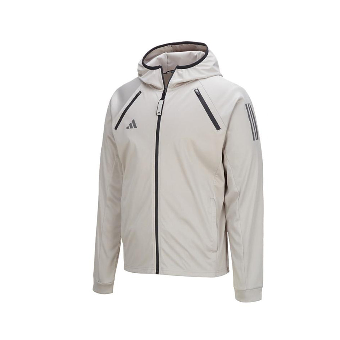 White jacket with black stripes for adidas boxing apparel.