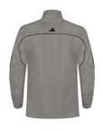 Gray jacket with Adidas logo on the back against a white background