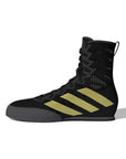 Black boxing shoe with gold stripes on a white background