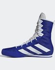Blue and white boxing shoe with Adidas logo on a white background