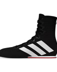 Black boxing shoe with white stripes on a white background