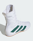 White Adidas boxing shoe with green stripes on a light gray background