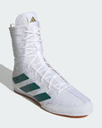 White boxing shoe with green stripes on a light gray background