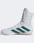 White boxing shoe with green stripes on a light gray background