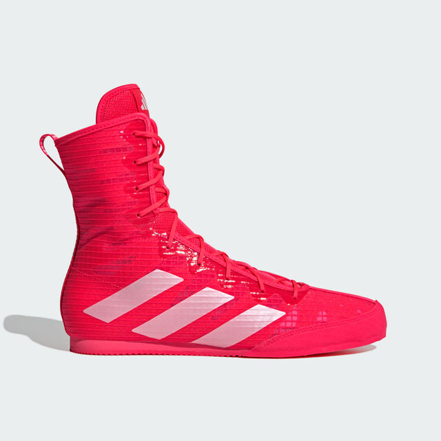 A pair of red and white high-top boxing shoes with lace-up closure.