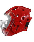 Red helmet with clear face shield for Taekwondo sparring.