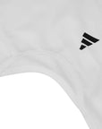 White athletic shirt with a black logo on a white background