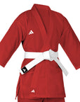 Red martial arts uniform with white belt on a white background