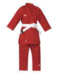Red martial arts uniform with white belt on a white background