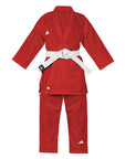 Red martial arts uniform with white belt on a white background