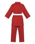 Red martial arts uniform with a white belt on a white background