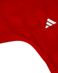 Red shirt with a white logo on a white background