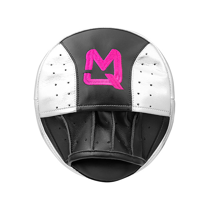 Golf club head cover with pink logo on a white background