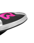 Close-up of a shoe with pink logo on a white background