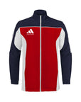 Adidas tracksuit jacket with red, white, and navy design on a white background