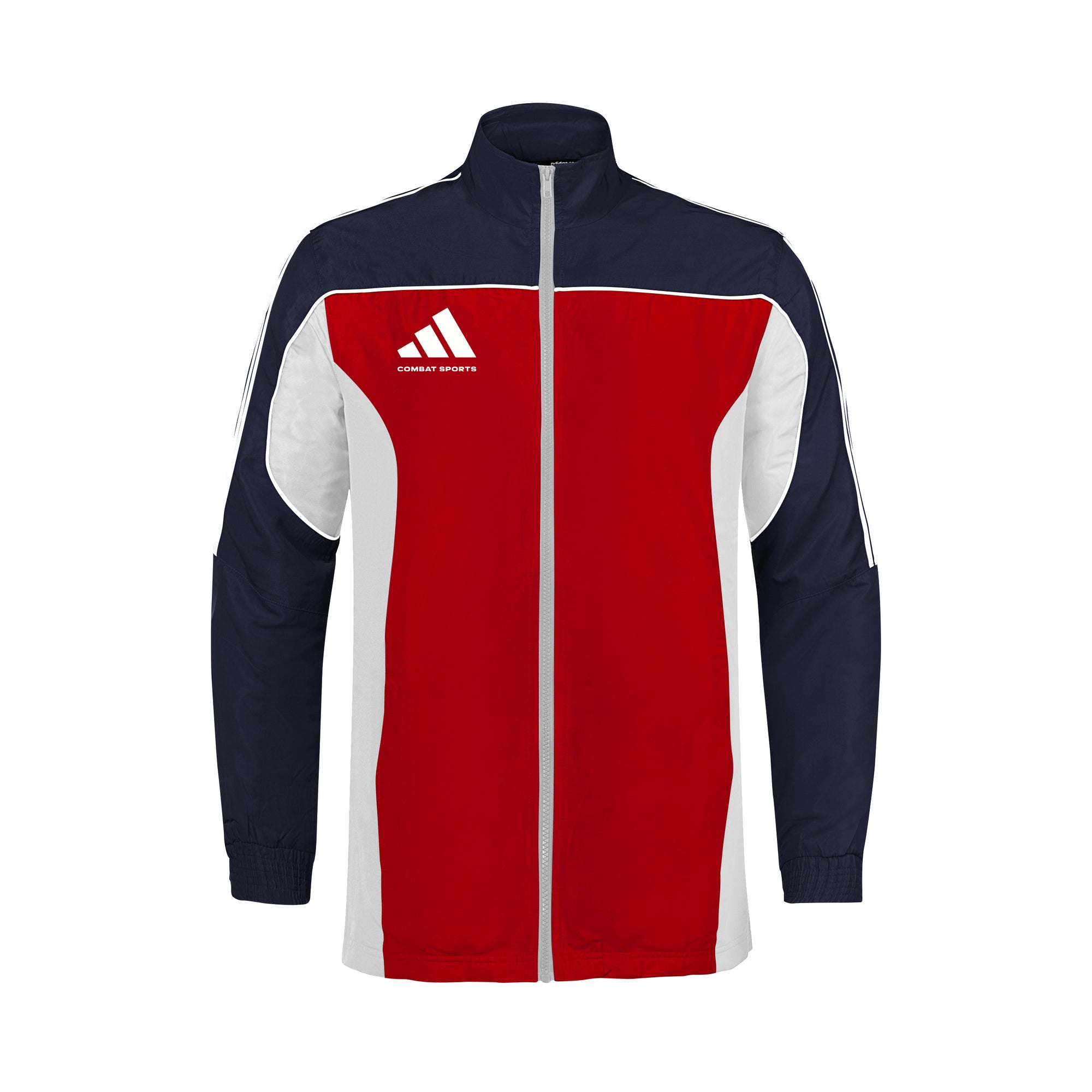 Adidas tracksuit jacket with red, white, and navy design on a white background