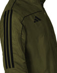 Green jacket with black stripes and logo on a white background