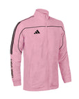 Pink jacket with Adidas logo and branding on a white background