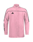 Pink jacket with black accents and Adidas logo on a white background