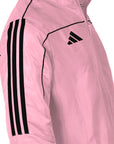 Pink jacket with black stripes and logo on a white background