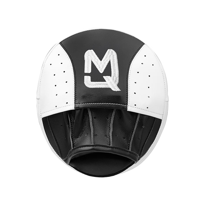 Black and white boxing glove with a logo on a white background