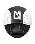Black and white boxing glove with a logo on a white background