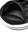 Close-up of a black sandal with white sole on a white background