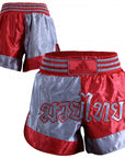 Red and grey Thai boxing shorts.
