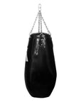 Black punching bag from a chain for boxing training.