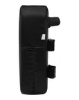 Black leather training pad with straps, used in combat sports.