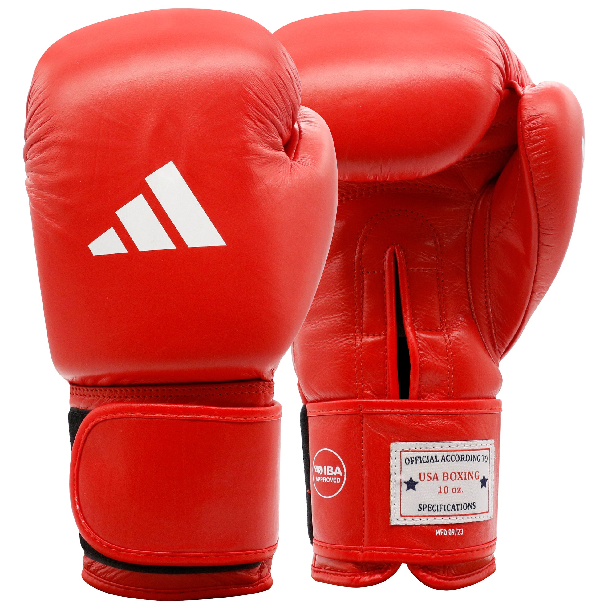 A pair of red Adidas amateur boxing gloves with white Adidas logo, approved by IBA and USA Boxing, with a wide Velcro strap cuff.