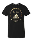Black Adidas shirt with gold text, front view.