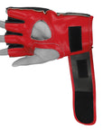 Hand wearing a red adidas grappling glove, medium size.