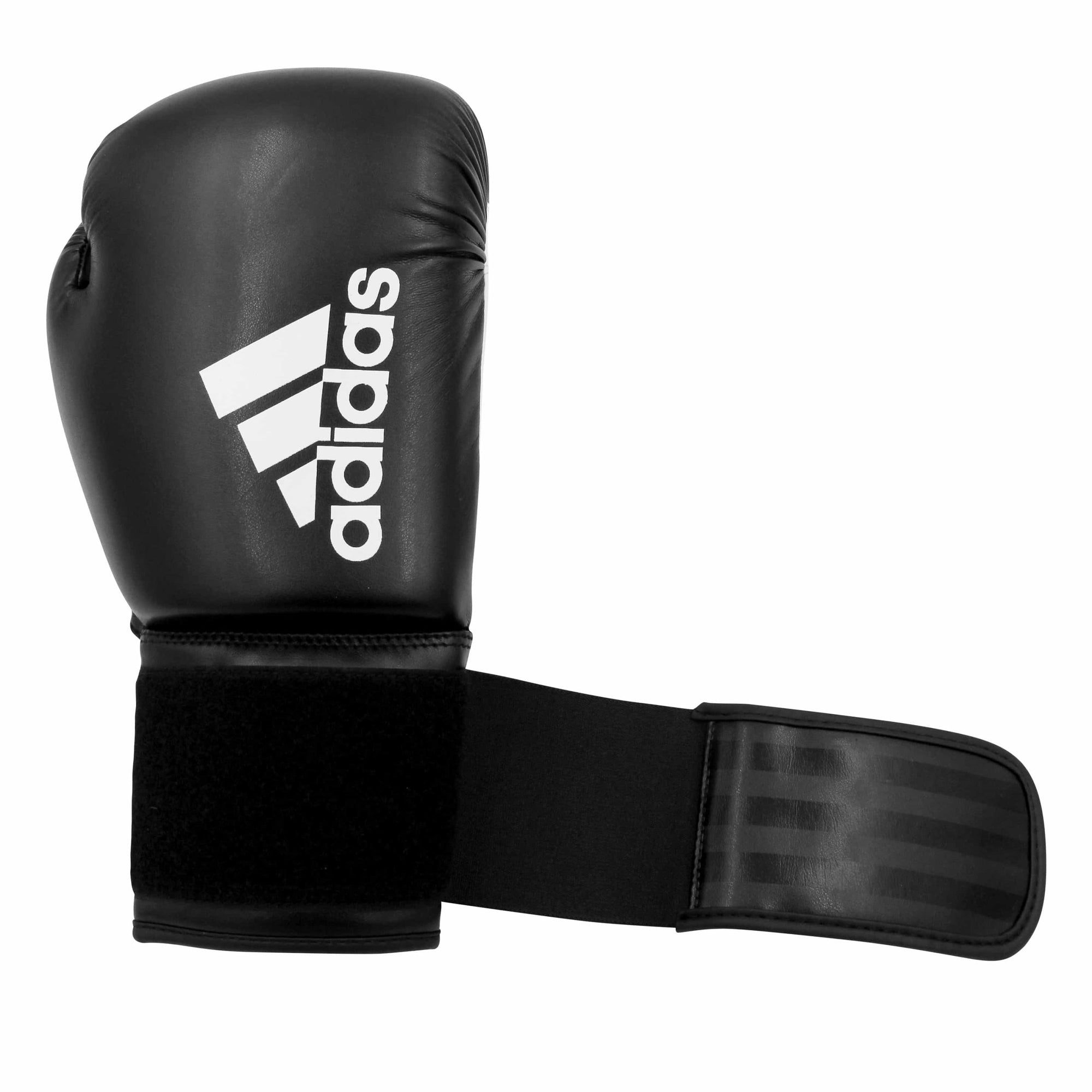 Black adidas boxing glove featuring white logo.