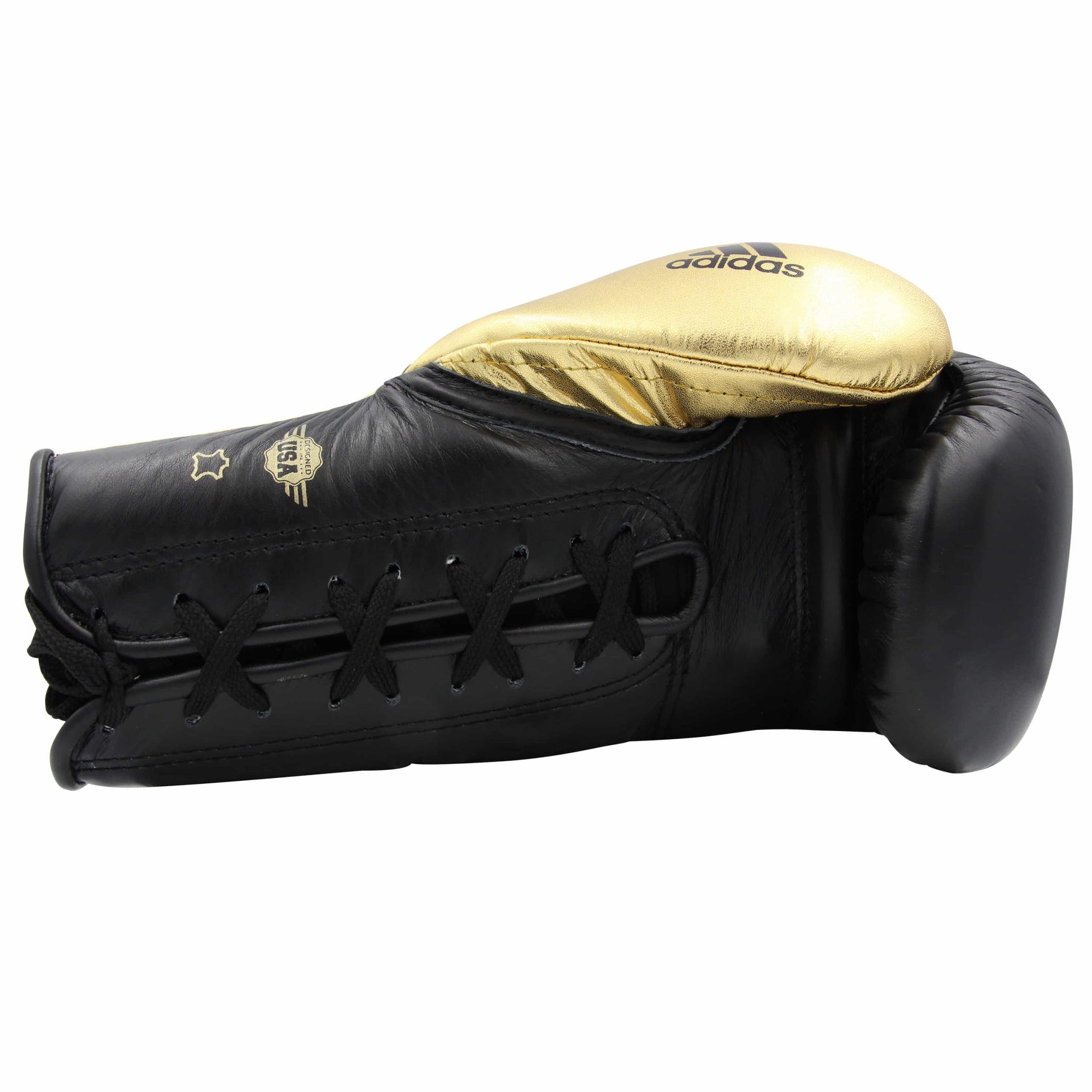 Single black and gold adidas Adi-Power Hybrid 500 Pro Boxing Glove.