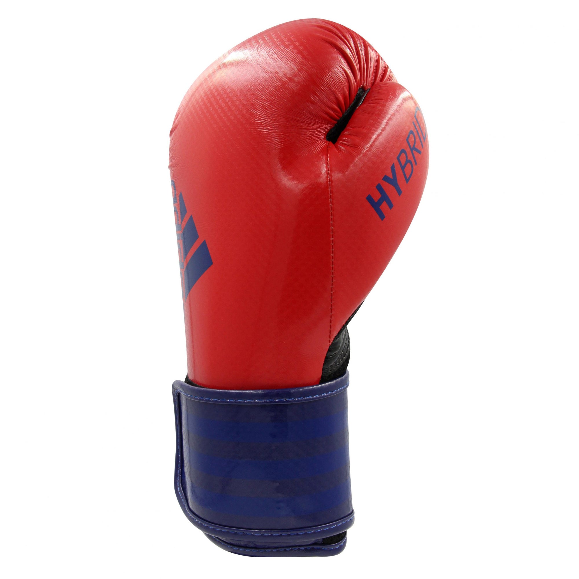 Red boxing glove with blue stripes Adidas hybrid.
