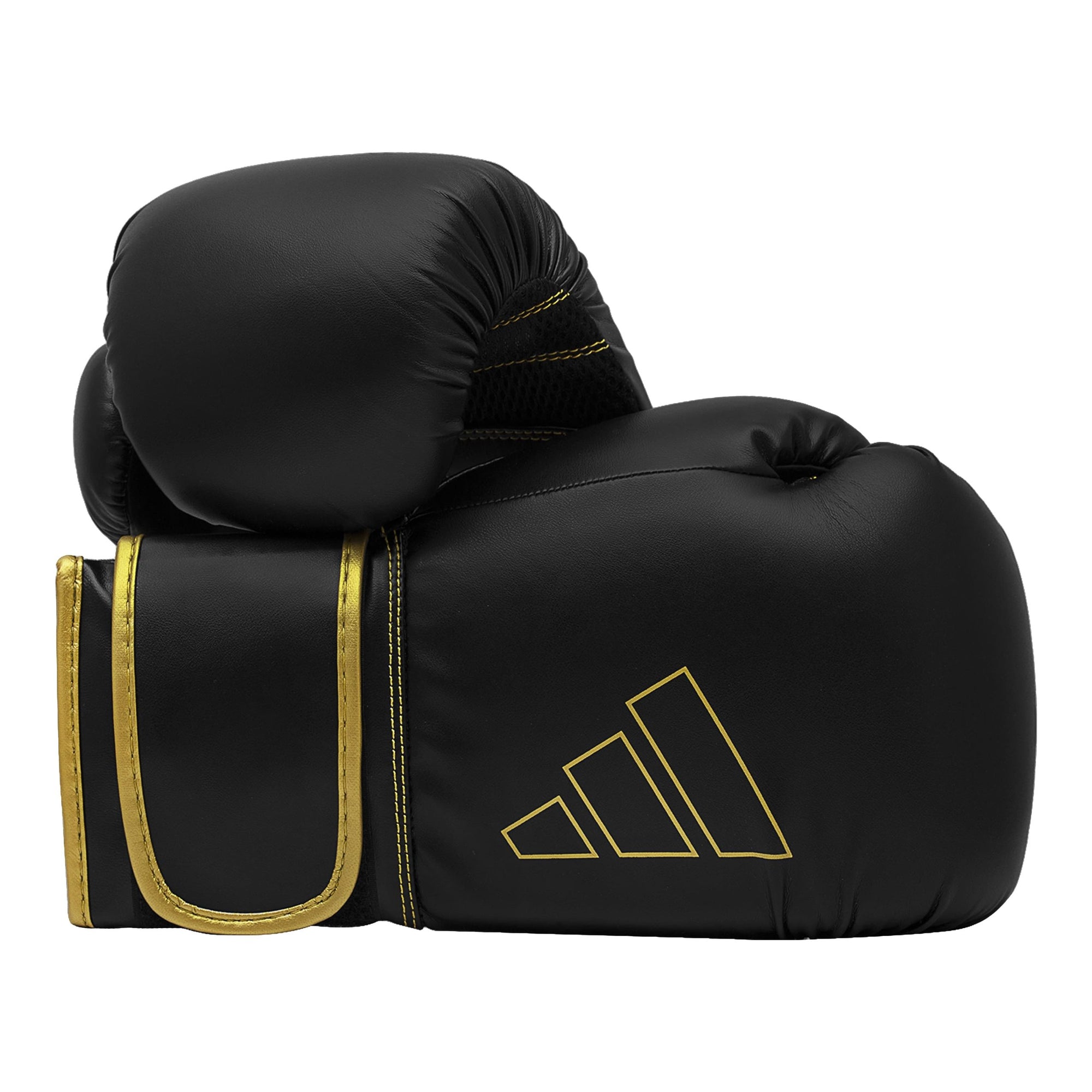 Black boxing gloves with gold trim, Adidas Hybrid 80, 12 oz.