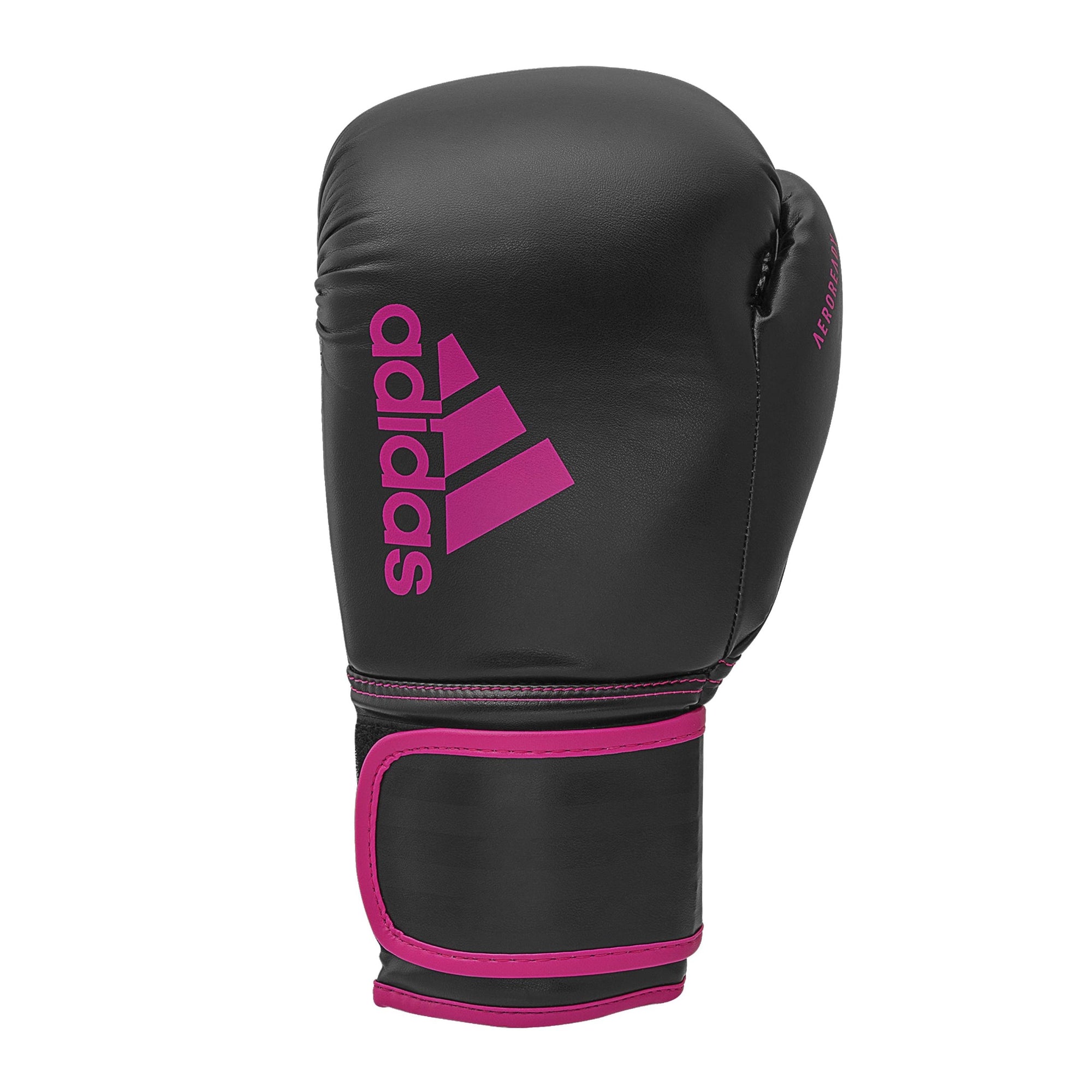 Adidas Hybrid 80 boxing glove, black with shock pink details, 16 oz.