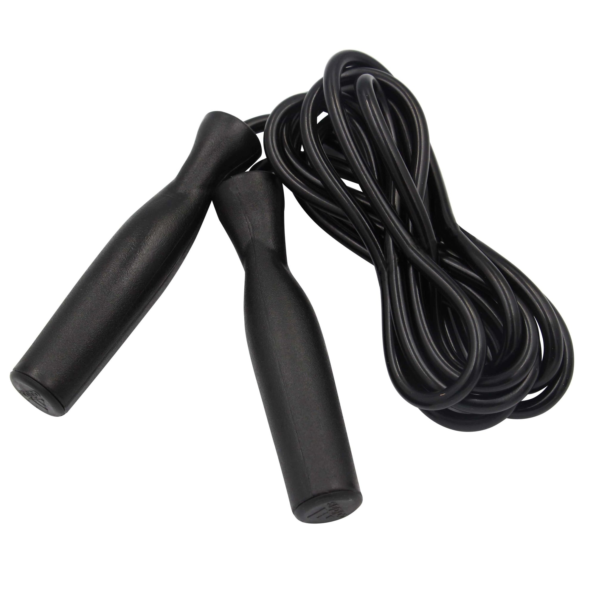 Black Adidas jump rope on a white background.