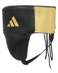 Black and gold headgear with Adidas logo on a white background