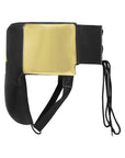 Black and gold protective gear with a strap on a white background